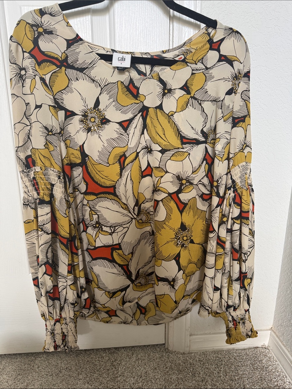CAbi Cream Blouse with Mustard and Red Floral Design